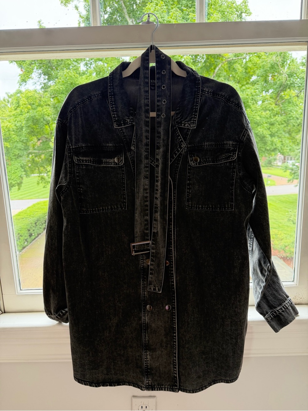 Black Oversized Denim Dress with Belt - Women